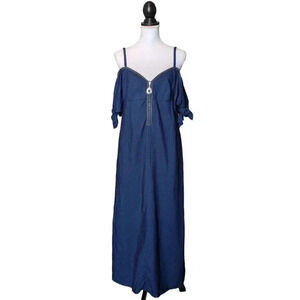 Edun Made in Kenya Blue Chambray Midi Dress Size 8 Off the Shoulder Zip Africa